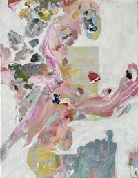 an abstract painting with pink, blue, and white colors
