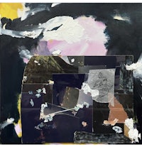 a collage of black, yellow, and pink pieces on a black background