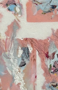 an abstract painting with pink, blue, and white paint