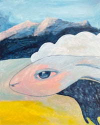 a painting of a sheep in front of mountains