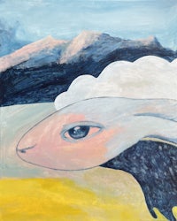 a painting of a sheep with blue eyes and mountains in the background